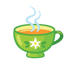 Beautiful mug with hot tea on a white background. Vector illustration with green mug