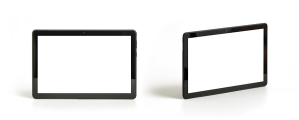 Tablet PC horizontal two views Isolated on white, front view , include clipping paths for tablets and screens