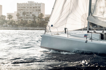 Close-up of a yacht during regatta in Akrotiri Bay, Limassol, Cyprus