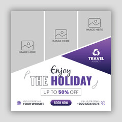 Set of travel sale social media post template. Web banner, flyer or poster for travelling agency business offer promotion. Holiday and tour advertisement banner design.