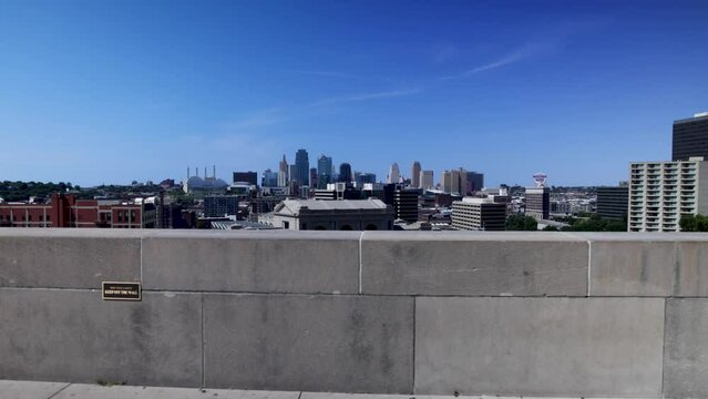 Kansas City, Missouri skyline with gimbal video walking forward.