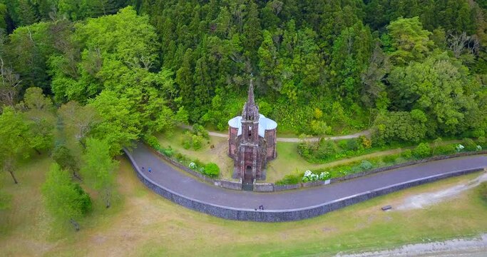 Top aerial view of the Capela de Nossa Senhora das Vit&oacute;rias, (Ermida de Jos&eacute; do Canto), in S&atilde;o Miguel, A&ccedil;ores