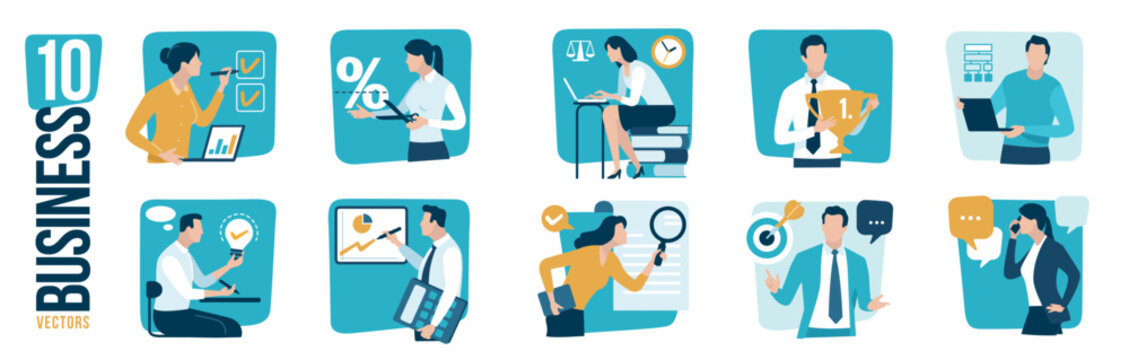 Set of 10 business vector illustrations: checklist, cut prices, lawyer, winner, administrator, idea, financial analysis, contract check, set a goal, support. 