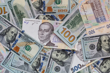 100 dollar and  500 hryvnyas banknotes background
