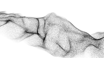 Abstract futuristic white wave with moving dots. Flow of particles. Vector cyber technology illustration.