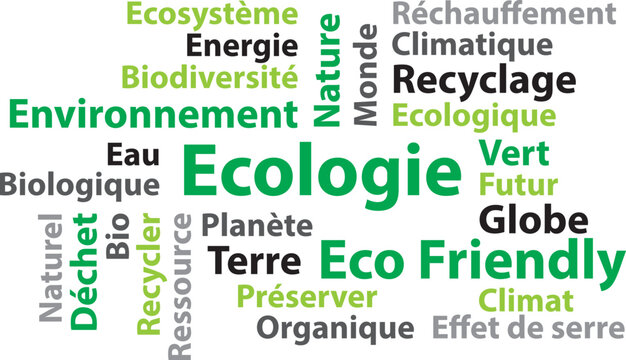 Ecologie environnement. Nuage de mots en fran&ccedil;ais. Illustration vectorielle.