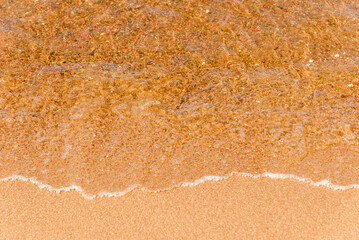 Soft beautiful sea wave on sandy beach. Water bright background.Top view.Copy space.