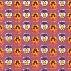 Violet, viola. Illustration, texture of flowers. Seamless pattern for continuous replication. Floral background, photo collage for textile, cotton fabric. For wallpaper, covers, print.