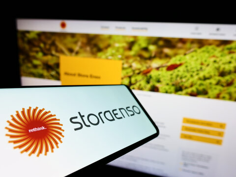Stuttgart, Germany - 07-23-2022: Mobile phone with logo of Finnish paper company Stora Enso Oyj on screen in front of business website. Focus on center-left of phone display.