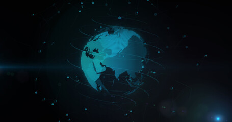 Image of network of connections over globe on black background