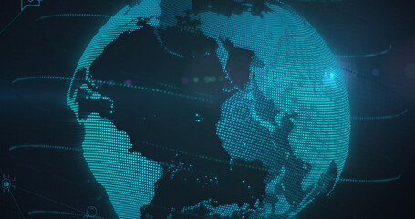 Image of network of connections over globe on black background