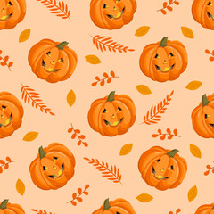 Seamless pattern with Halloween pumpkins and autumn leaves. October harvest. Vector illustration for fabrics, textures, wallpapers, posters, cards. Editable elements.