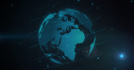 Image of network of connections over globe on black background