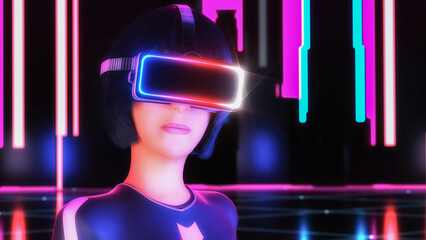 a young woman using a virtual reality headset in metaverse (3d rendering)