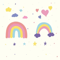 Foto op Plexiglas Hand-Drawn Illustration of Pastel Magical Feminine Icon Elements Including Rainbow Stars Clouds and Hearts on a Plain Cream Background © cocaloca