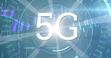 Image of graphs, data and 5g on blue background