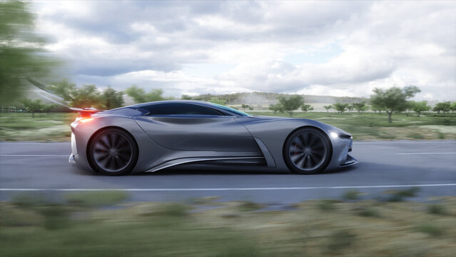 Futuristic sport car very fast driving on highway. Futuristic city concept. 3d rendering.