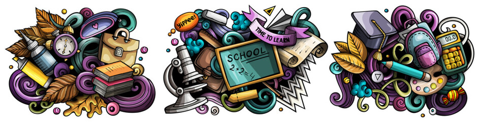 Fototapeta School cartoon vector doodle designs set. obraz