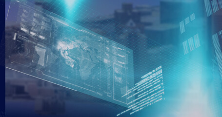 Image of data processing and globe over cityscape