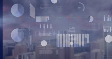 Image of data processing over cityscape