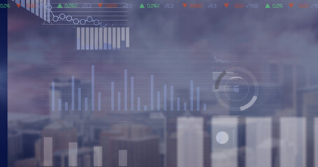 Image of data processing over cityscape