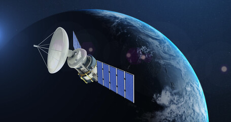 Image of satellite over globe spinning on blue background