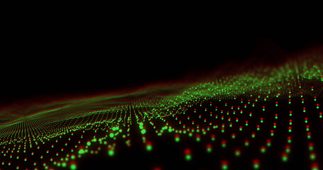 Image of undulating green and red 3d particle landscape on black background
