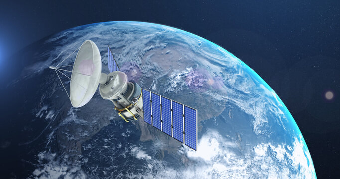 Image of satellite over globe spinning on blue background