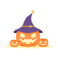 Orange devil pumpkin smile lantern wearing purple witch hat on white background Halloween cartoon character vector design.
