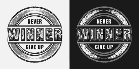 Round label with word Winner, grunge paint brush strokes, text, 100 US dollar bills, gold coins inside of letters. Motivational quote Winner Never Give up. Apparel, t shirt design on white background