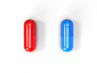 Red and blue pill. Choice concept. A metaphor of two different alternatives. 3D illustration