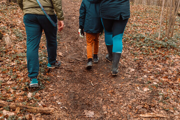 Father, mother and son walking during the hiking activities in autumn forest at sunset. Digital detox. Staycations, hyper-local travel, family outing, getaway, natural environment