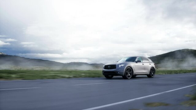 Luxury suv very fast driving on highway. Transport concept. Realistic 4k animation.