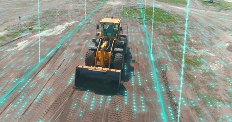 Modern bulldozer, modern technology visualization. Modern bulldozer on a construction site with graphics. Visualization of modern technologies in the construction industry.