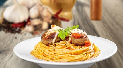 Tasty cooked one dish meal on white plate