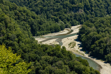 Russia, Sochi. Observation deck, Solokhaul village view of the Caucasus Mountains