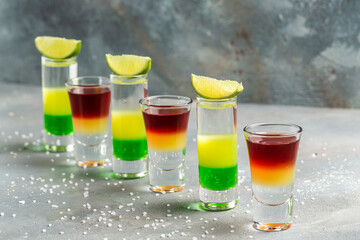Cocktail Collection layered shots. Mexican alcoholic cocktail drinks shot.