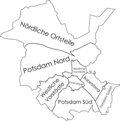 White flat vector administrative map of POTSDAM, GERMANY with name tags and black border lines of its boroughs