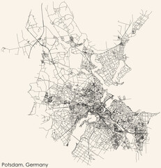 Fototapeta na wymiar Detailed navigation black lines urban street roads map of the German regional capital city of POTSDAM, GERMANY on vintage beige background