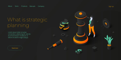 Strategic planning vector illustration in isometric design. Business strategy analysis and vision concept with queen chess piece. Web banner layout.