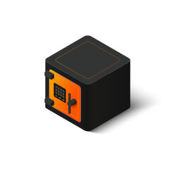 Locked safe box deposit icon illustration in isometric vector design. Futuristic strongbox isolated on white background. Secure lockable coffer symbol in cubic shape.