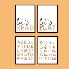 Let's Play Let's Read, Alphabet, Numbers. Playroom Wall Art, Playroom Posters, Kids Room Decor, Playroom Set, Kids room print illustration.