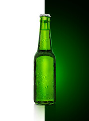 green beer bottle with dropper on green and white background