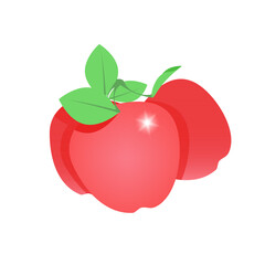 Three red ripe apples with green leaves