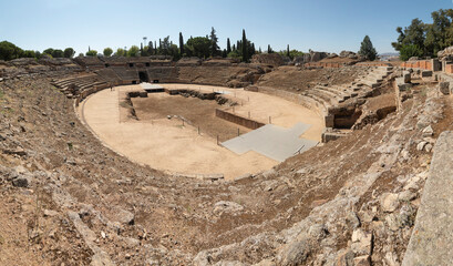 Panoramic view of the moat and stands of the Amphitheater of Merida, a Roman amphitheater declared a World Heritage Site by Unesco, Archaeological Ensemble of Merida