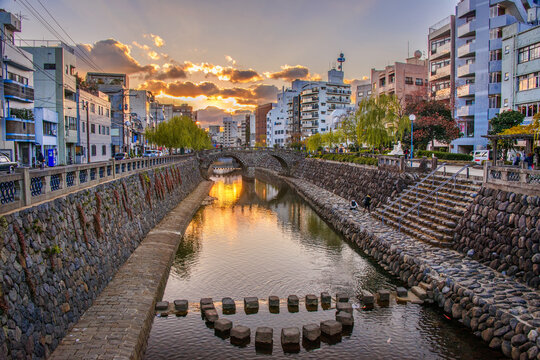 Nagasaki, Japan Cityscape and Traditional Bridge