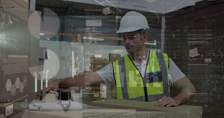 Animation of statistical data processing over caucasian male worker packing boxes at warehouse - Powered by Adobe