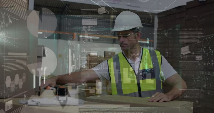 Animation of statistical data processing over caucasian male worker packing boxes at warehouse - Powered by Adobe