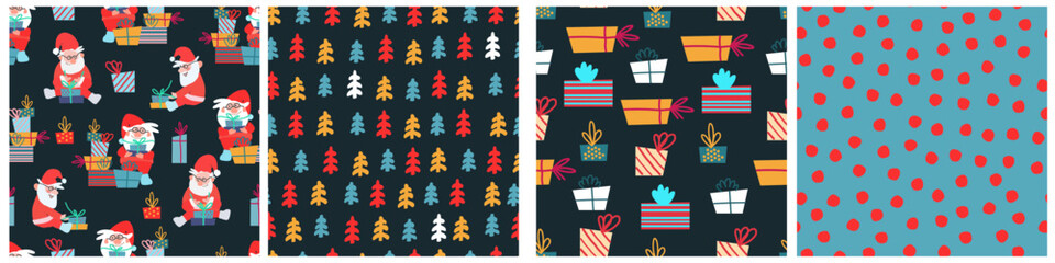 Christmas seamless patterns set. Hand drawn Santas with gifts. Christmas concept, New Year Party concept, winter holidays concept. For gift wrapping paper and other design projects