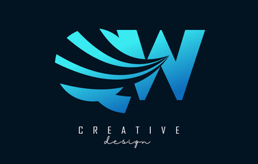 Creative blue letters QW q w logo with leading lines and road concept design. Letters with geometric design.